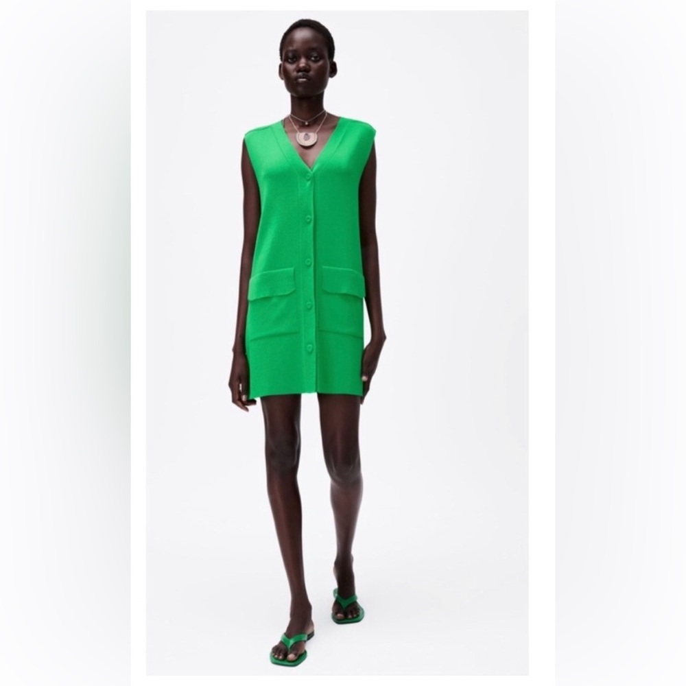 Green Emerald Zara Sleeveless Knit button-up V-Neck Mini Cardigan Dress